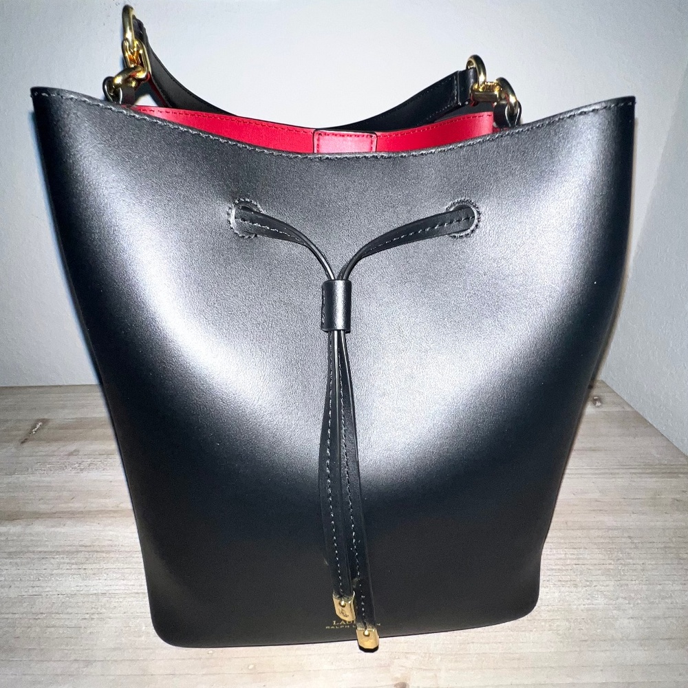 Black Ralph Lauren Bucket Bag with Red Interior
